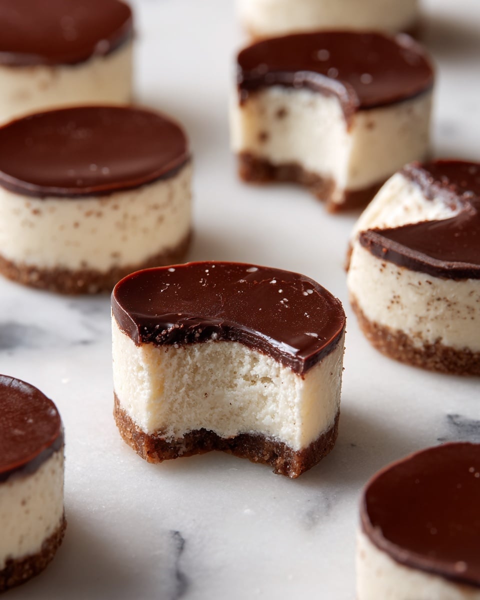 The image shows several small round treats placed on a white marbled surface. Each treat has two distinct layers: the bottom layer is thick, creamy white with a soft, smooth texture, and the top layer is a thinner, dark brown, glossy chocolate that looks firm. One treat in the center has a small bite taken from it, revealing the clear separation between the two layers and a bit of roughness where the bite was made. The treats are spread out, with some more focused in the foreground and others softly blurred in the background. Photo taken with an iphone --ar 4:5 --v 7