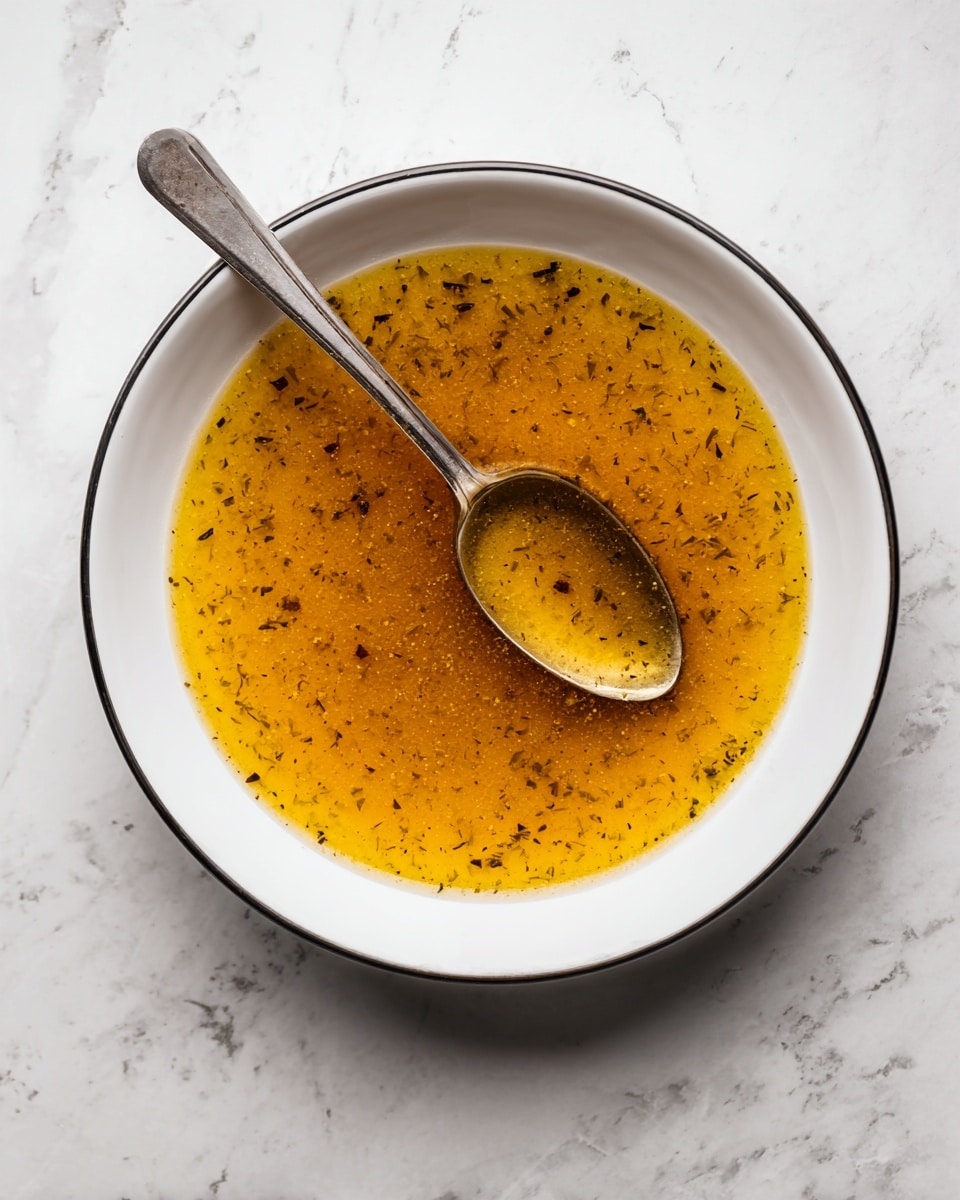 A white bowl with a thin black rim filled with a golden-brown liquid sauce that has a slightly thick texture and visible small bits of herbs and spices throughout. A silver spoon rests inside the bowl, positioned diagonally from the bottom right to the center. The bowl is set on a white marbled surface with light gray veins. photo taken with an iphone --ar 4:5 --v 7