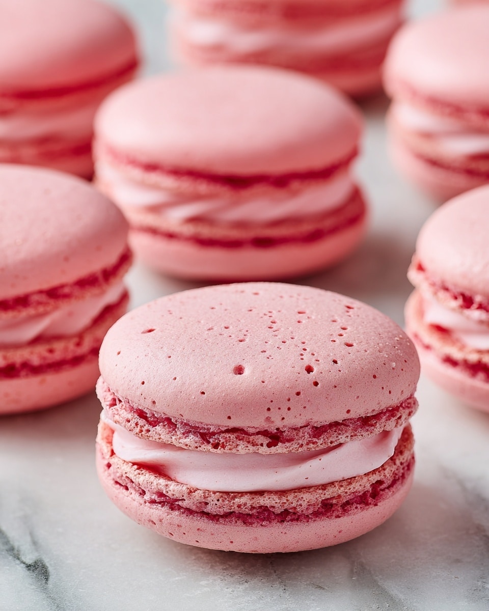 The image shows several pink macarons arranged on a white marbled surface. Each macaron has two smooth, round shells with a slightly textured edge, sandwiched with a thick creamy pink filling in the middle. The shells have a soft, matte finish with tiny air bubbles, while the filling looks smooth and glossy. The macarons are placed close to each other in rows, filling the frame with some macarons in focus and others slightly blurred in the background, creating depth. photo taken with an iphone --ar 4:5 --v 7