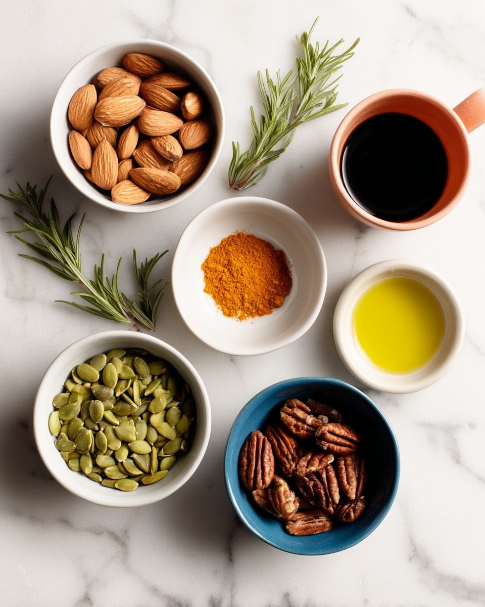A top-down view of six small bowls arranged on a white marbled surface, each filled with different ingredients. The largest bowl, white inside, holds light brown almonds. A white bowl contains bright green pumpkin seeds. A white bowl holds a small amount of orange spice, and beside it is another small white bowl filled with a yellow liquid. A coral-colored cup is filled with a dark liquid. A blue bowl contains dark brown pecans. Fresh green rosemary sprigs lie beside the bowls on the white marbled surface. photo taken with an iphone --ar 4:5 --v 7
