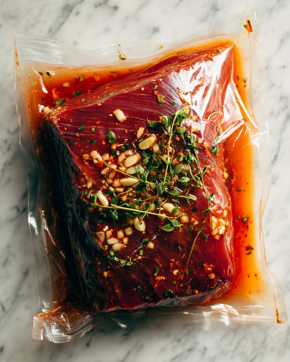 The image shows a vacuum-sealed clear plastic bag filled with a dark red piece of meat marinated in a reddish-orange liquid. The meat is on the bottom layer, partially covered by a thick layer of minced garlic and small green herbs scattered on top. The marinade surrounds the meat and fills the bag, with visible specks of herbs floating in the liquid. The texture of the meat is smooth but saturated with the sauce, and the plastic bag is tightly pressed to the surface, showing the shape and layers clearly. The background is a white marbled texture. Photo taken with an iphone --ar 4:5 --v 7