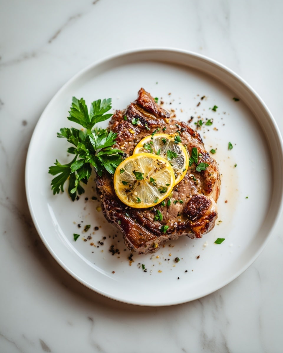 A single cooked piece of meat with a browned, slightly crispy surface sits on a white plate, sprinkled with cracked black pepper and small green herb pieces. On top of the meat, near one edge, there is a thin lemon slice with a light yellow color and some fresh parsley leaves, adding a pop of green and yellow contrast. The plate is set against a white marbled surface that softly reflects light, focusing attention on the rich textures and warm tones of the meat. photo taken with an iphone --ar 4:5 --v 7