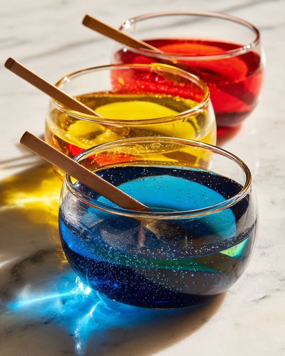 Three clear glass bowls sit on a white marbled surface, each filled with bright colored liquid in layers. The closest bowl contains a shiny, deep blue liquid with small bubbles, with a wooden stick resting inside. Behind it, a bowl has a bright yellow liquid, also with a wooden stick placed across the top. The furthest bowl holds a transparent red liquid with a wooden stick balanced on the rim. The bowls are arranged in a line, one behind the other, showing light reflections and smooth textures. photo taken with an iphone --ar 4:5 --v 7