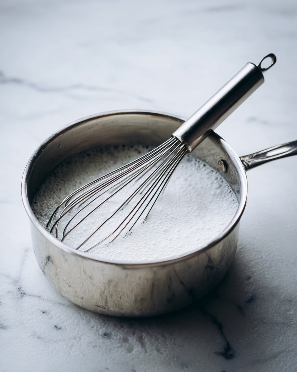 A shiny silver metal pot filled halfway with frothy white liquid being whisked by a black and silver whisk, resting inside the pot, on a white marbled textured surface. The pot is reflective, showing some soft light and faint reflections around its curved sides, and the liquid has a foamy, airy texture on top. Photo taken with an iphone --ar 4:5 --v 7