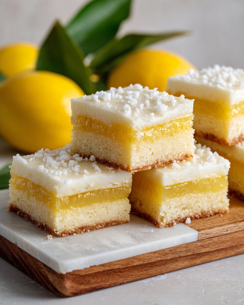 The image shows four square lemon bars placed on a wooden board with a white marbled background. Each bar has three visible layers: the bottom layer is a thick, soft yellow cake, the middle layer is a thin, translucent lemon filling that is pale yellow, and the top layer is a thick, creamy white frosting with small white sprinkles on top. In the background, there are bright yellow lemons with green leaves. The scene is clear and bright, focused on the texture and layers of the lemon bars. photo taken with an iphone --ar 4:5 --v 7