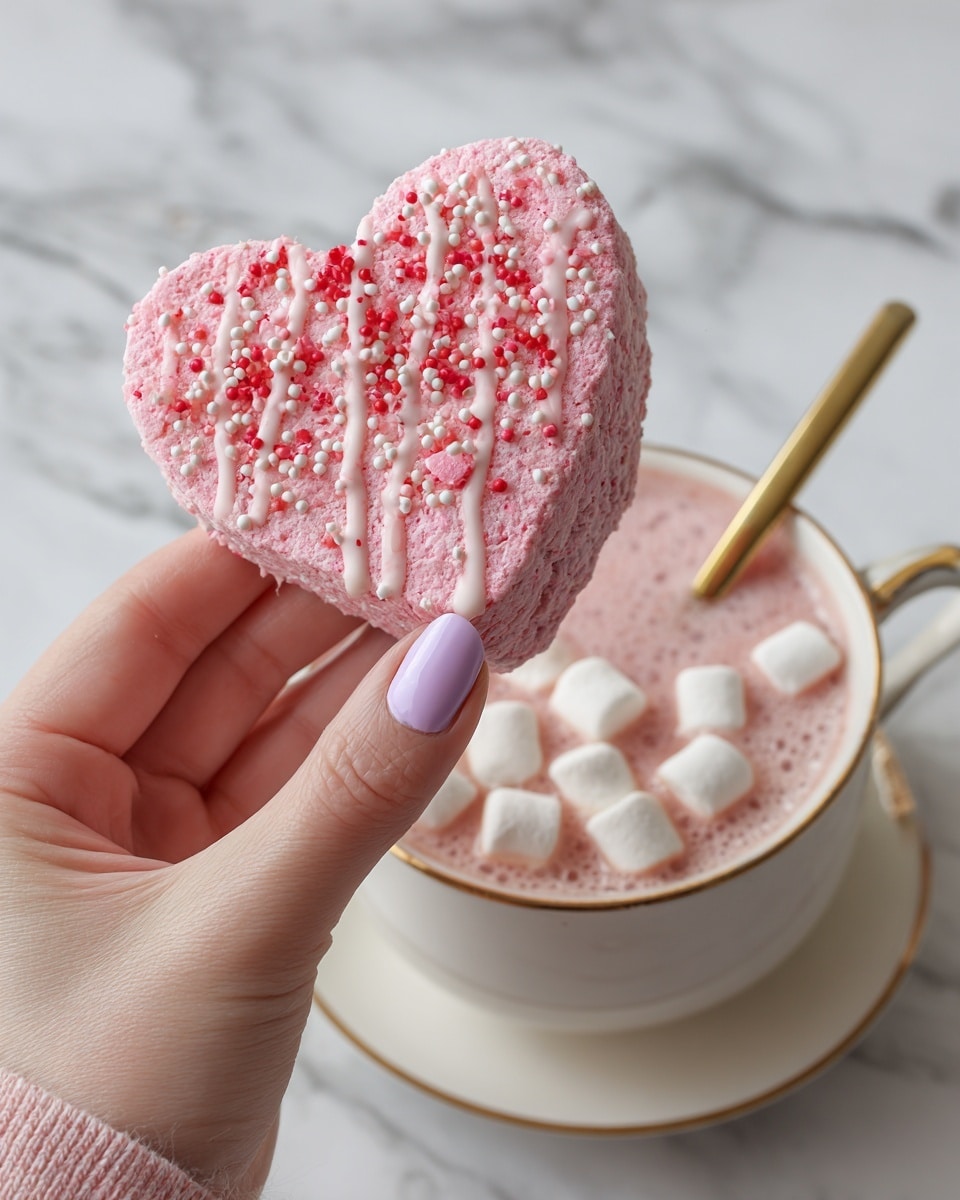 A woman's hand with light purple nail polish is holding a pink, heart-shaped marshmallow treat with a textured surface. The marshmallow has a drizzle of white and pink icing on top, sprinkled with red crumbs and small white sugar crystals. Below, a white cup with a gold rim and handle is filled with pink hot chocolate topped with small white marshmallows, and a gold spoon is inside the cup. The background shows a white marbled surface. photo taken with an iphone --ar 4:5 --v 7