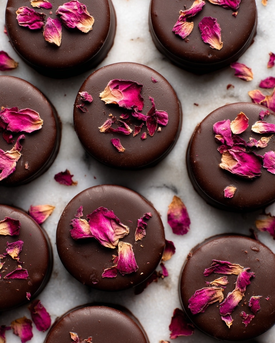 The image shows small, round chocolate treats placed closely together on a surface with a white marbled texture. Each treat has a smooth, dark brown chocolate coating with a slightly uneven base and top. Bright pink dried flower petals are scattered on the top of each chocolate piece, adding a pop of color and texture. The treats have a soft shine from the chocolate, and the petals show delicate edges with some light beige areas. The arrangement is neat but natural, filling the frame with multiple pieces at different angles. photo taken with an iphone --ar 4:5 --v 7