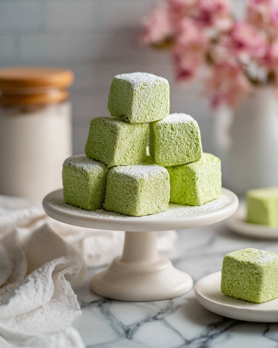 A stack of six green square brownies with a cracked, textured top are placed in the center of a white plate. The brownies are thick and dense, showing a rich green color inside and out. Small loose green crumbs are scattered on the plate around the brownies. The plate sits on a white marbled surface with soft pink flowers in the top right corner and a blurred glass cup with green tea in the top left background. The overall setting is bright and airy with natural lighting. photo taken with an iphone --ar 4:5 --v 7
