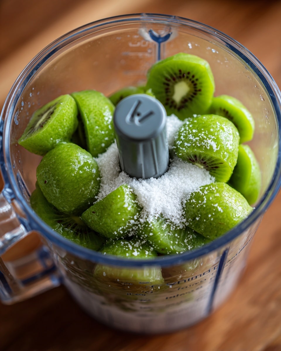 The image shows a close-up view inside a clear blender container filled with several peeled green kiwi fruits at the base. A white granular substance, likely sugar, is sprinkled unevenly over the kiwis, covering parts of the fruit. The blender blade is visible in the center, standing upright with a dark grey plastic middle shaft. The container has measurement markings on the side and sits on a wooden surface. photo taken with an iphone --ar 4:5 --v 7
