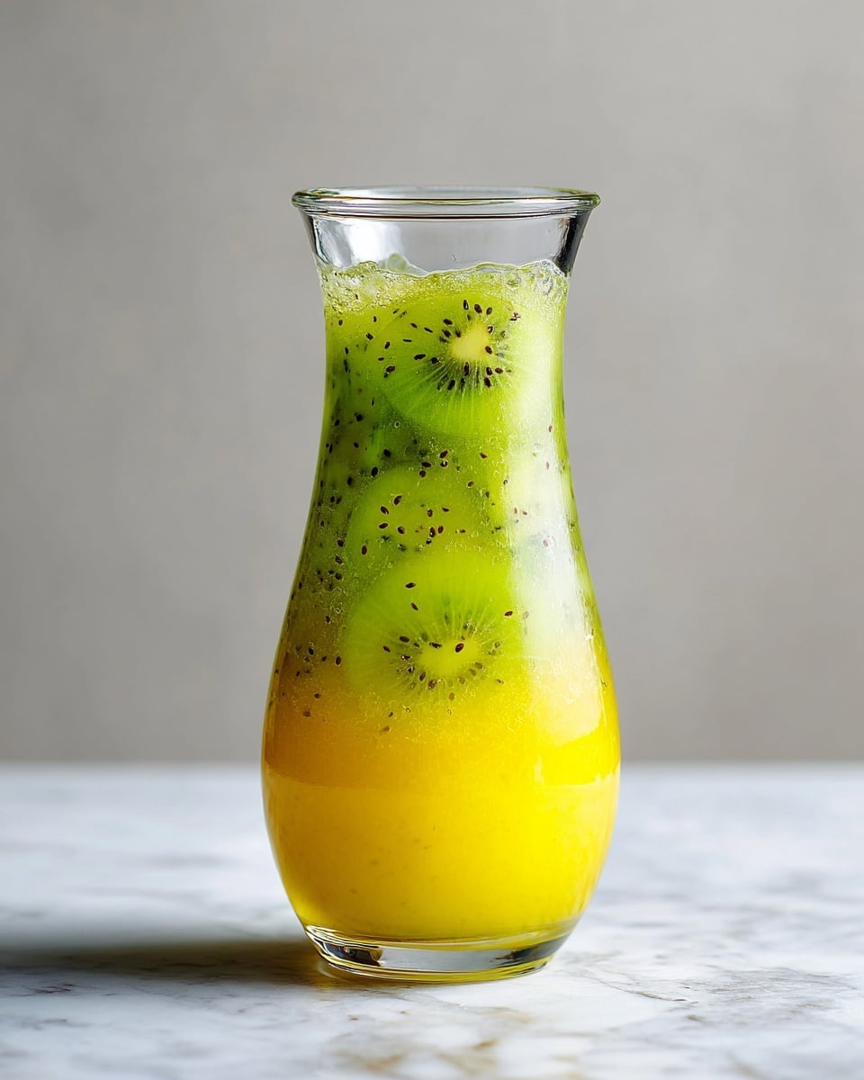 A tall clear glass jug filled with a two-layer drink, with the bottom layer a bright yellow liquid and the top layer a light green mixture with small black seeds spread evenly throughout, creating a textured look. The drink fills almost all the way up, with a slight tilt at the spout showing the glass shape. The background and surface are white with a marble texture. Photo taken with an iphone --ar 4:5 --v 7