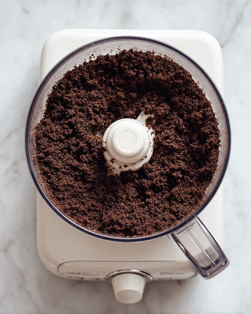 The image shows a clear plastic food processor bowl filled with finely ground dark brown crumbs that look like chocolate or coffee grounds, sitting on a white kitchen appliance base with a dial and handle on the right side. The food processor bowl sits on a white marbled surface. The crumbs have a crumbly texture and fill most of the bowl, with some small bits sticking to the sides. Photo taken with an iphone --ar 4:5 --v 7