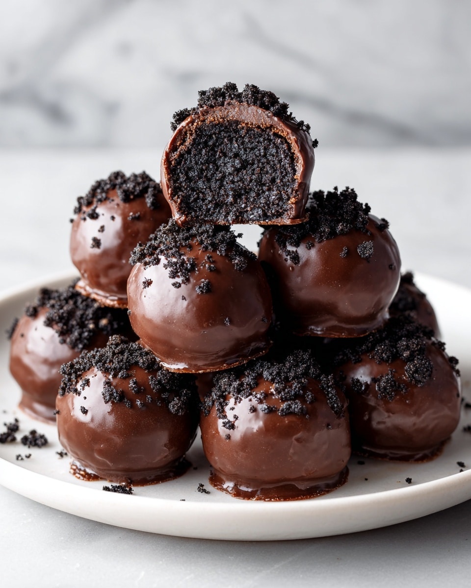 A small pile of round chocolate balls is shown on a white plate placed on a white marbled surface. Each ball has a smooth, shiny dark chocolate coating with a sprinkle of crushed cookie crumbs on top. One ball is cut in half and placed on top, revealing a dark, crumbly, dense cookie filling inside, contrasting with the glossy outer chocolate layer. The balls are stacked neatly, creating a small pyramid shape. photo taken with an iphone --ar 4:5 --v 7