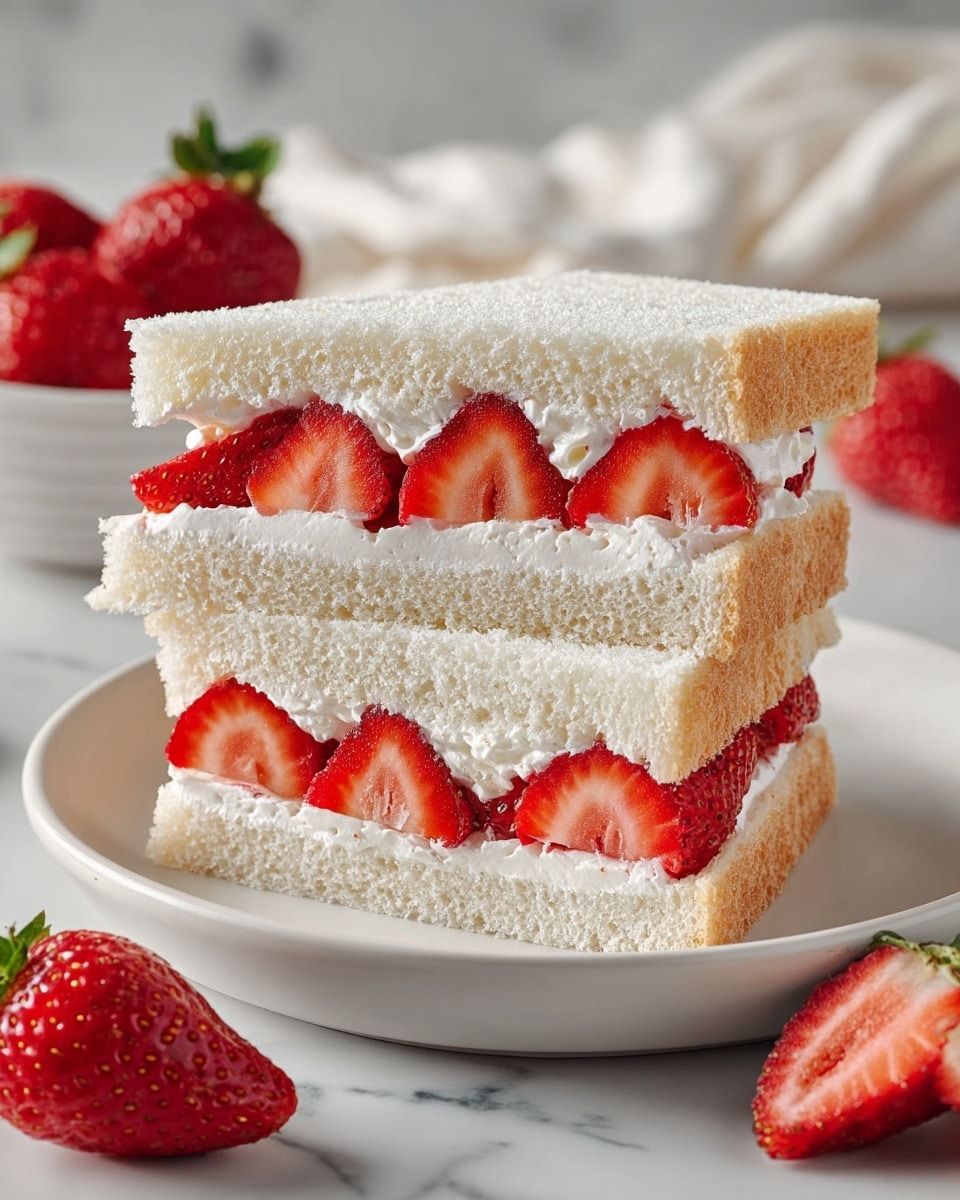 Two sandwich halves sit on a white plate over a white marbled surface. The sandwich has three layers: soft white bread outer layers with a fluffy texture, a middle layer of white whipped cream filling spread evenly, and bright red strawberry slices arranged in two rows inside. The strawberries have visible seeds and a juicy, fresh look. The sandwich halves stand upright, showing the clean cut through all layers. In the background, there are whole and sliced strawberries and a white cloth. photo taken with an iphone --ar 4:5 --v 7