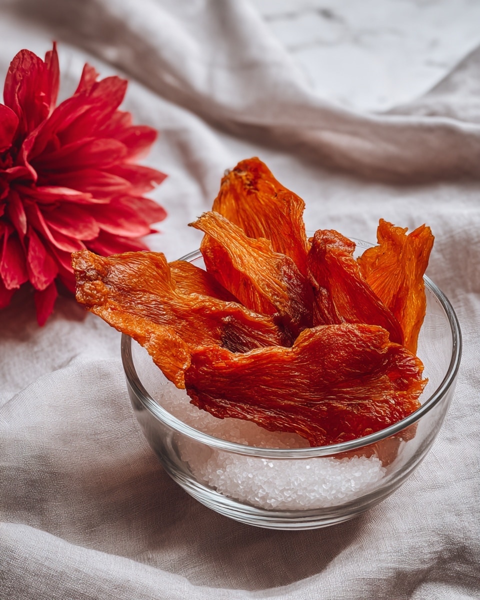 A clear glass bowl contains several pieces of dried orange-red vegetable slices with wrinkled textures layered inside, resting on a white silica gel packet at the bottom. The bowl is placed on a soft, light gray cloth with subtle folds, and a bright red-pink artificial flower is at the left side, partially visible. The background is a white marbled texture. photo taken with an iphone --ar 4:5 --v 7
