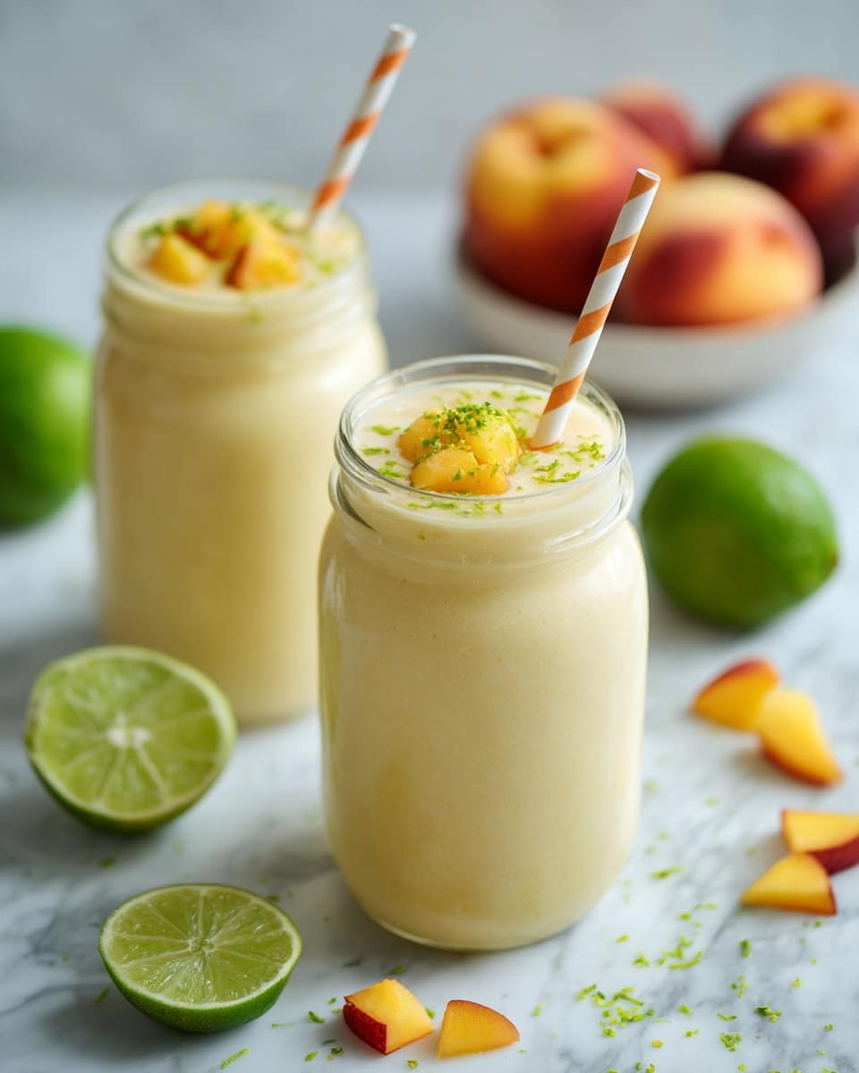 Two clear glass jars filled with a creamy light yellow peach smoothie topped with small peach pieces and bright green zest. One jar has a white and orange striped straw sticking out. The jars are placed on a white marbled surface, with scattered peach chunks, halved green limes, and a bowl of fresh whole peach slices blurred in the background. The bright and fresh colors make the scene look inviting and summery. photo taken with an iphone --ar 4:5 --v 7