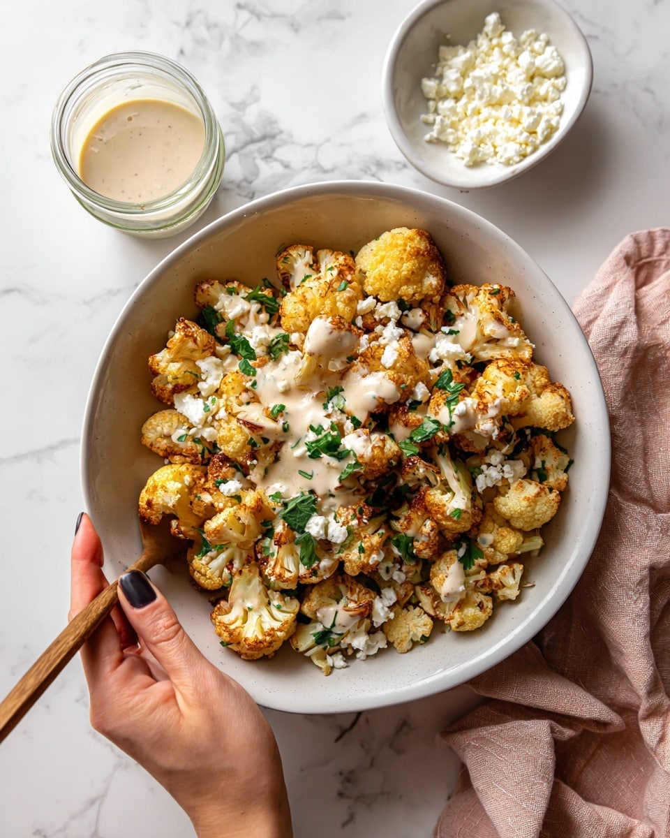 A white bowl filled with cooked cauliflower pieces, which have a golden-brown color and slightly crispy texture. On top of the cauliflower, there are small bits of green parsley and finely crumbled white cheese scattered evenly. A creamy white sauce is being poured over the cauliflower from a small glass jar held by a woman's hand at the bottom right corner. The bowl is placed on a white marbled surface, with a wooden spoon resting on the left side inside the bowl, and a small white bowl with extra crumbled cheese is placed to the right. A light pink cloth is partially visible in the upper right background. photo taken with an iphone --ar 4:5 --v 7