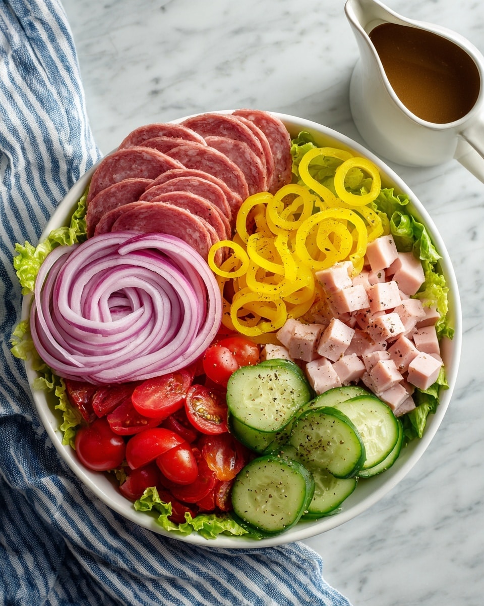 A white bowl sits on a white marbled surface with a blue and white striped cloth beside it. Inside the bowl, the base layer is green lettuce leaves. On the left, there are thin slices of pink salami layered in one corner. Next to it, there are pink pickled onions arranged in loose spirals. Moving right, yellow pepper rings form a small pile. Beside them, there are small cubes of light pink ham sprinkled with black pepper. On the far right, bright red cherry tomatoes are clustered closely. At the bottom, cucumber slices with dark green skin and pale green centers are layered next to the tomatoes. A small white pitcher containing brown dressing is placed to the top right of the bowl. Photo taken with an iphone --ar 4:5 --v 7