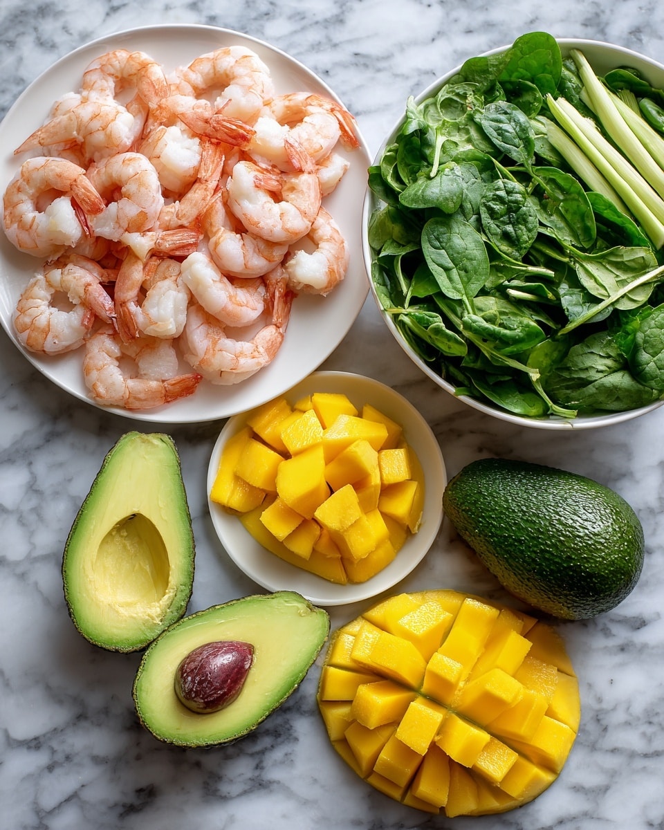 The image shows fresh ingredients arranged on a white marbled surface: a white plate piled with pink and white cooked shrimp with tails on the left, two halves of a bright yellow mango in front with one half diced into cubes, an uncut dark green avocado and long green stalks in the back, and a large white bowl filled with mixed green leafy salad including spinach and other greens on the right. The colors are vibrant with the shrimp’s pink, mango’s yellow, avocado’s dark green, and fresh green salad all clearly visible. Photo taken with an iphone --ar 4:5 --v 7