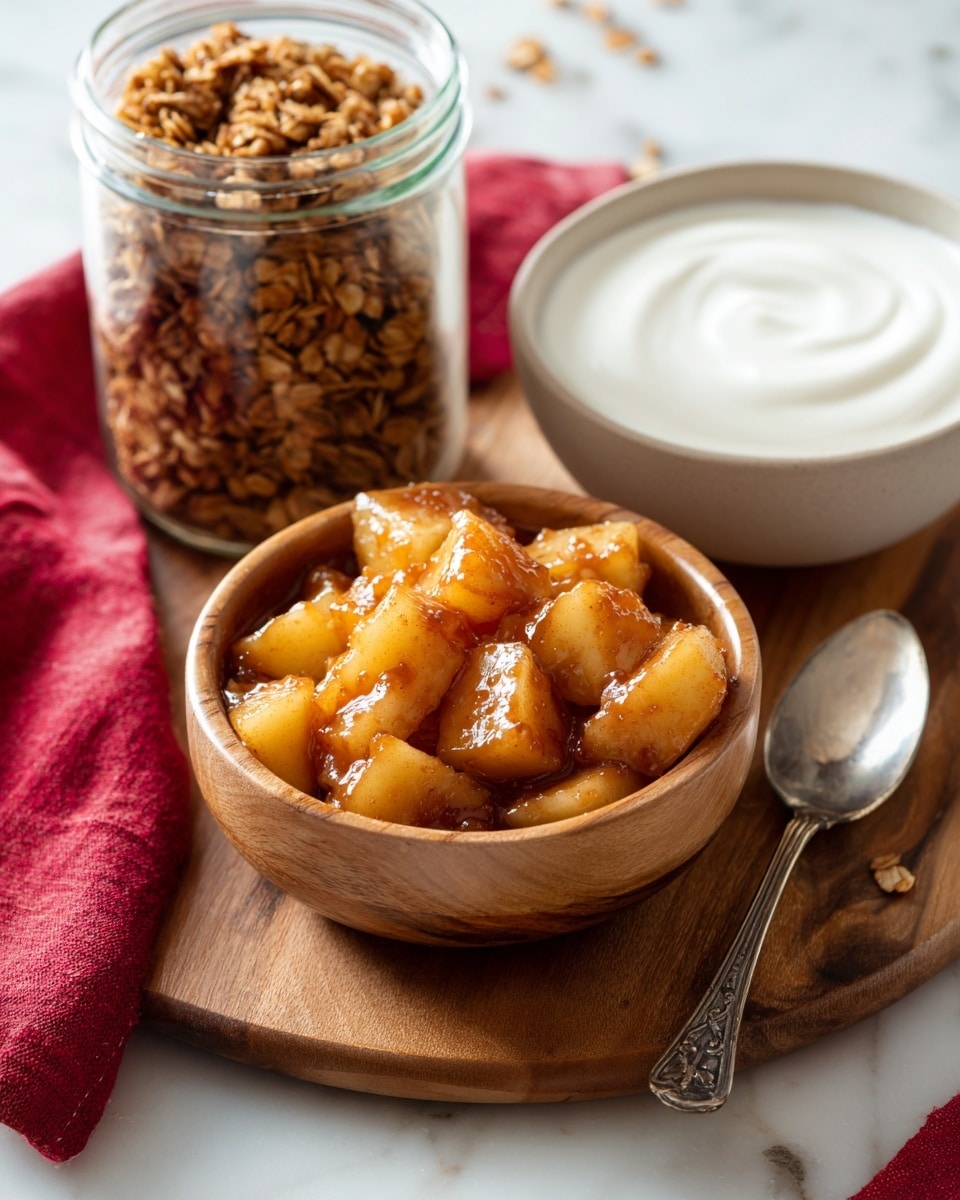 A small wooden bowl filled with soft, cooked apple pieces covered in a shiny cinnamon-sugar sauce is placed in the center of a wooden board. Behind the bowl, a glass jar with crunchy granola filled to the top is visible, and next to it, a white bowl with creamy yogurt sits partly in the frame. A silver spoon rests on the wooden board in front of the bowl with apples, and a piece of red cloth lies near the edge of the board. The scene is set on a white marbled surface. photo taken with an iphone --ar 4:5 --v 7