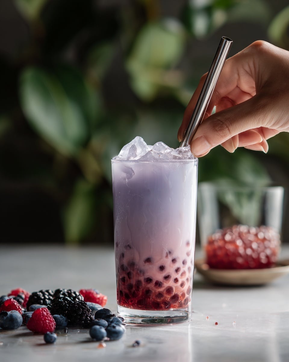 A clear glass filled with three main layers is shown: at the bottom, small round red tapioca pearls, above them a thick pale lavender-blue liquid tea with ice cubes floating inside, and at the top a frothy light layer created by the drink's texture. A shiny metal straw is inserted, being held by a person's fingers on the right side. On the white marbled surface beneath the glass, scattered fresh berries like blueberries, raspberries, and blackberries add colorful contrast, with a glass of extra red tapioca pearls blurred in the background and some green leaves out of focus behind it, photo taken with an iphone --ar 4:5 --v 7