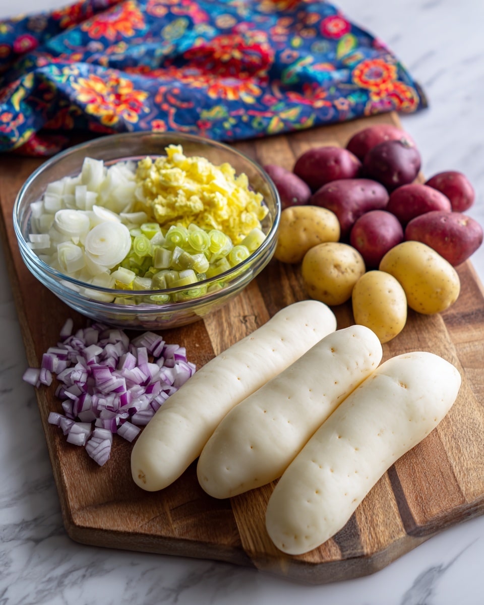 The image shows a wooden board placed on a white marbled surface. On the board, there are several peeled long white potatoes, arranged in a row on the right side. Behind these, there is a small pile of small round potatoes in different colors, including red, purple, and yellow. To the left, a clear glass bowl sits on the board with multiple layers of chopped ingredients: finely chopped white onion, bright yellow mustard, white mayonnaise, chopped green celery, and chopped yellow-green pickles all arranged closely together. In the background, there is a folded colorful cloth with red, blue, and floral patterns. photo taken with an iphone --ar 4:5 --v 7