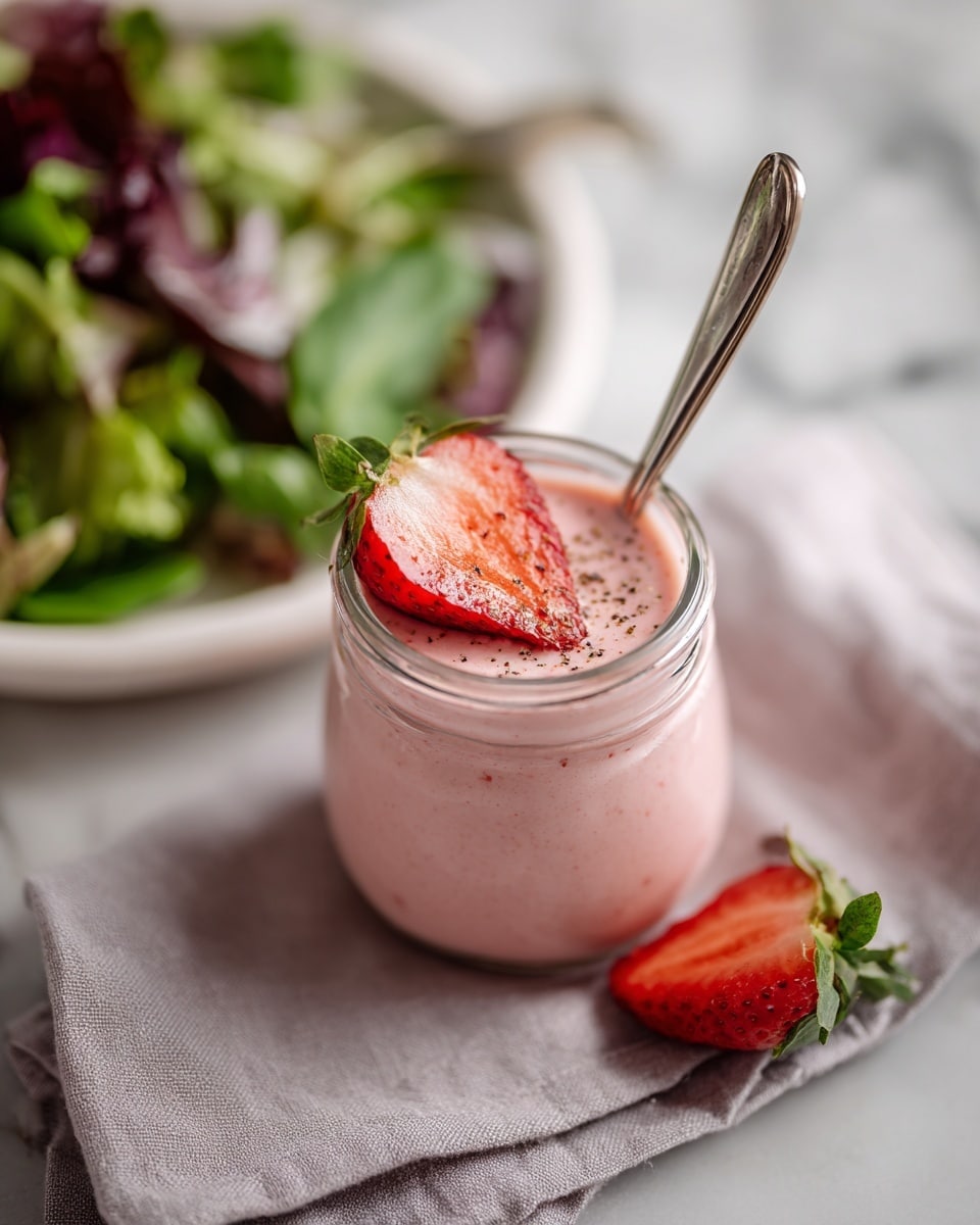 A small clear jar filled with a smooth pink sauce topped with a slice of red strawberry and a sprinkle of black pepper, a silver spoon resting inside the jar. The jar sits on a soft gray cloth with a white marbled surface underneath. Near the jar lies another slice of strawberry. In the lower part of the image, a portion of a white plate shows some green leafy salad with hints of red. Photo taken with an iphone --ar 4:5 --v 7