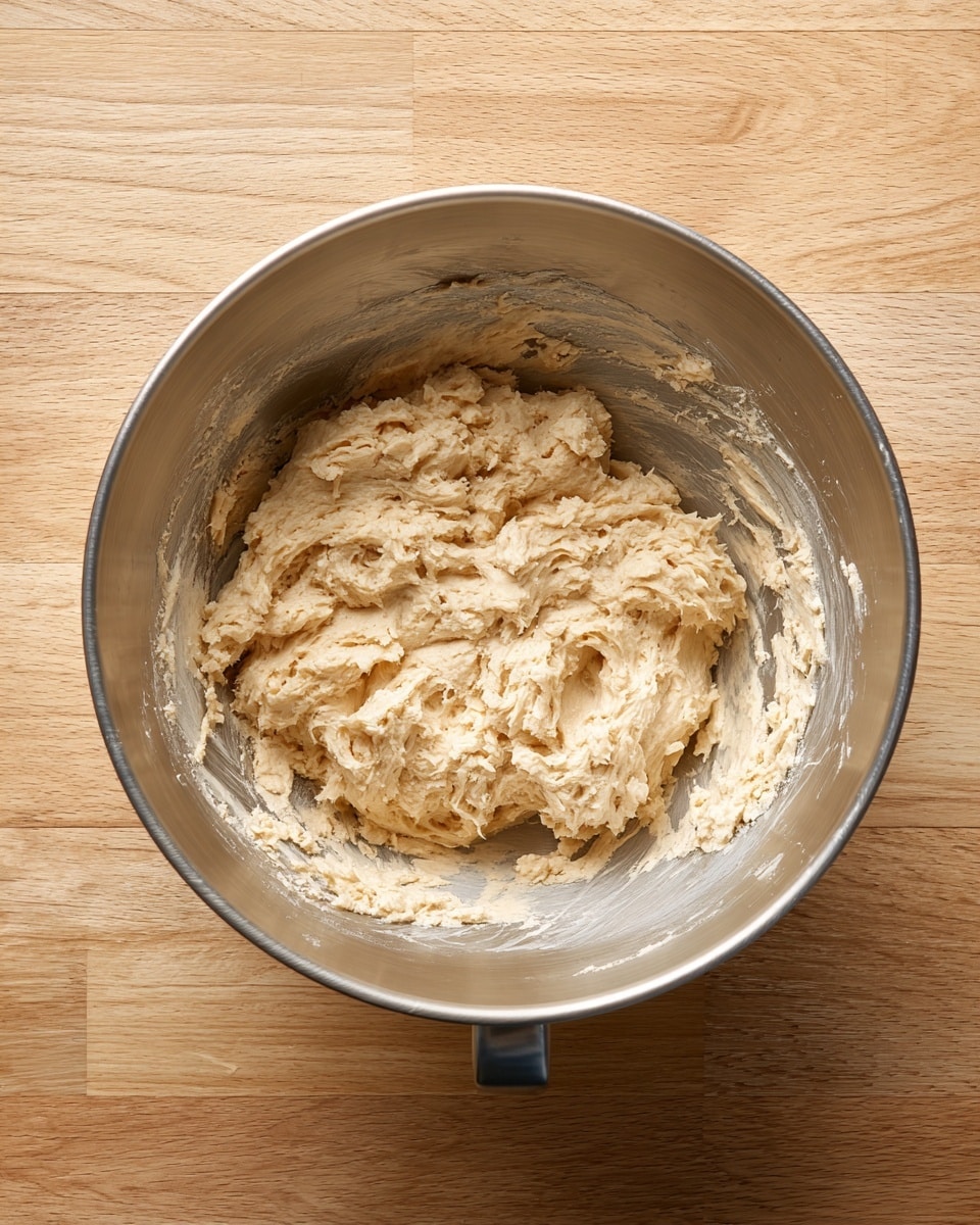 A top-down view of a single large metal mixing bowl with raw dough inside, placed on a wooden table. The dough is pale beige, sticky, and unevenly spread in the center of the bowl with some clumps, while some dough remains stuck to the sides. The bowl has a smooth and shiny metallic surface with a small handle visible on the side. The wooden table underneath has a natural light brown color with visible wood grain texture. photo taken with an iphone --ar 4:5 --v 7