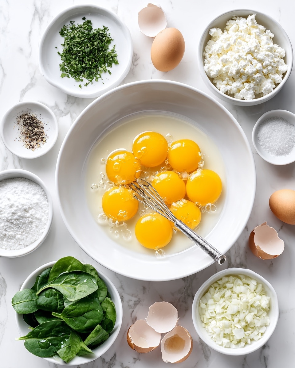 The image shows a white bowl in the center filled with eight bright yellow egg yolks surrounded by clear egg whites, with a small metal whisk resting inside. Around this bowl, there are several smaller white bowls and dishes: one with finely chopped green herbs at the top left, one with white cottage cheese at the top right, one with grated white cheese near the bottom right, and one with chopped white onions at the bottom left. A white bowl with fresh chopped spinach leaves is positioned below the egg bowl. Near the eggshells, there are some cracked eggshell halves scattered on the white marbled surface. Small dishes with a mix of salt and pepper and a pale powder are also present near the top middle side. The whole setup is arranged neatly on a white marbled background. photo taken with an iphone --ar 4:5 --v 7