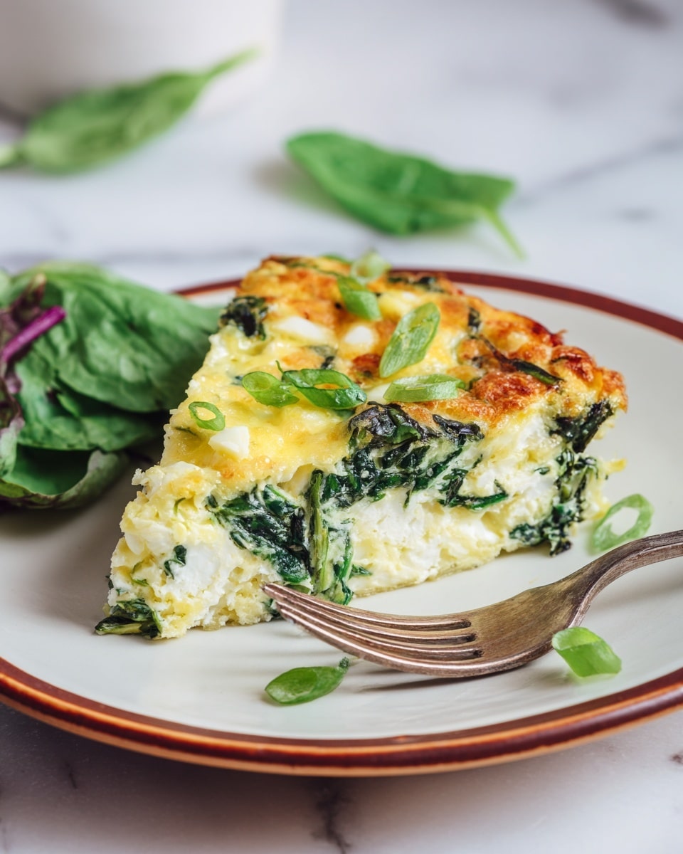 A thick slice of a baked egg dish with visible layers of pale yellow egg and dark green spinach leaves is placed on a white plate with a brown rim, set on a white marbled surface. The top layer is golden-brown with melted cheese and small pieces of green onion sprinkled on. The slice is slightly textured, showing the soft and fluffy inside with bits of spinach throughout, and a woman's hand holds a fork with a small piece of the dish near the bottom right. Some fresh green leafy herbs are placed beside the slice, adding extra color and freshness. Photo taken with an iphone --ar 4:5 --v 7