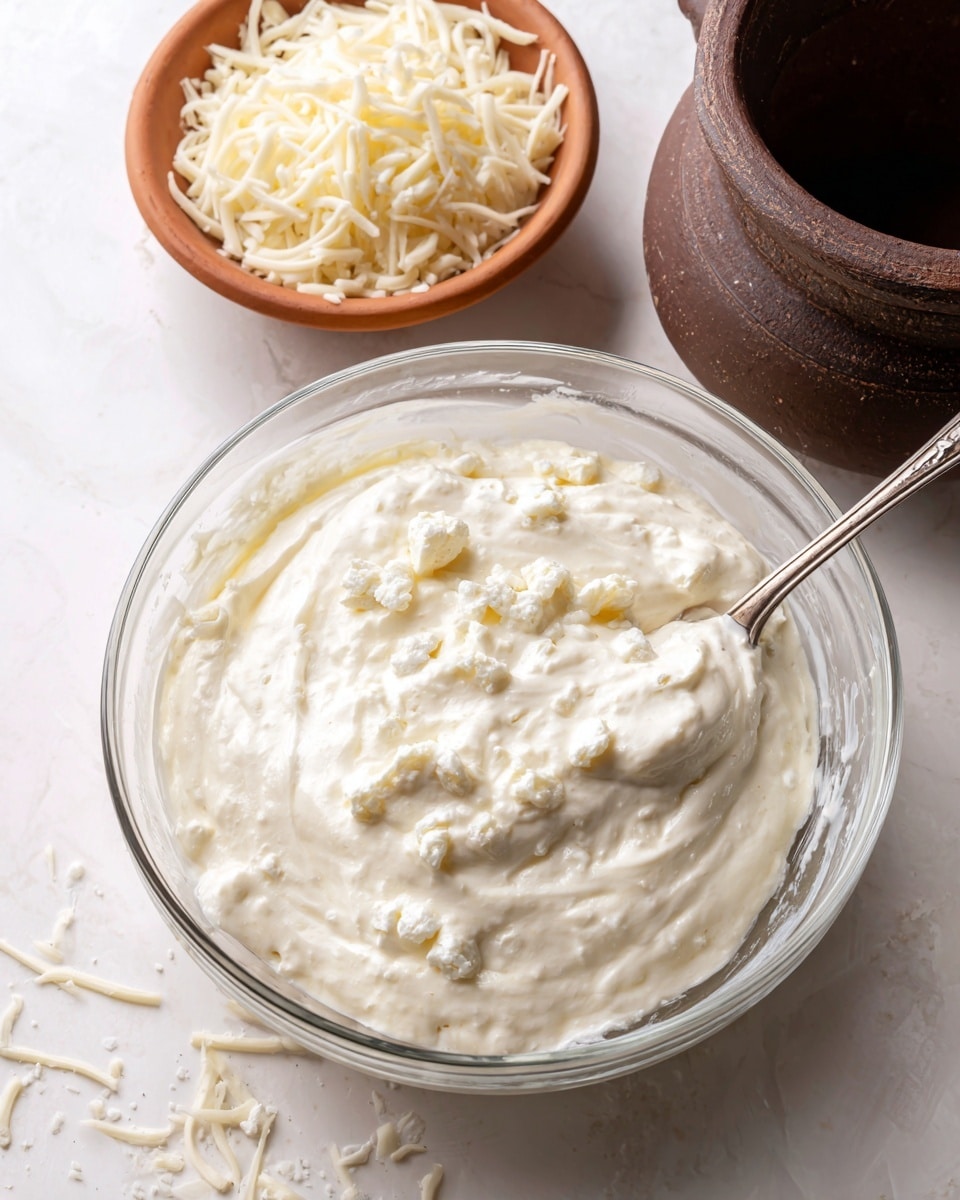 A clear glass bowl filled with a thick, creamy, white mixture with small chunks and a slightly lumpy texture sits in the center. A silver spoon is partially dipped into the mixture, resting inside the bowl on the right side. Behind the bowl on a white marbled surface, there is a small clear bowl filled with shredded white cheese on the right and an empty dark brown clay pot on the left. photo taken with an iphone --ar 4:5 --v 7