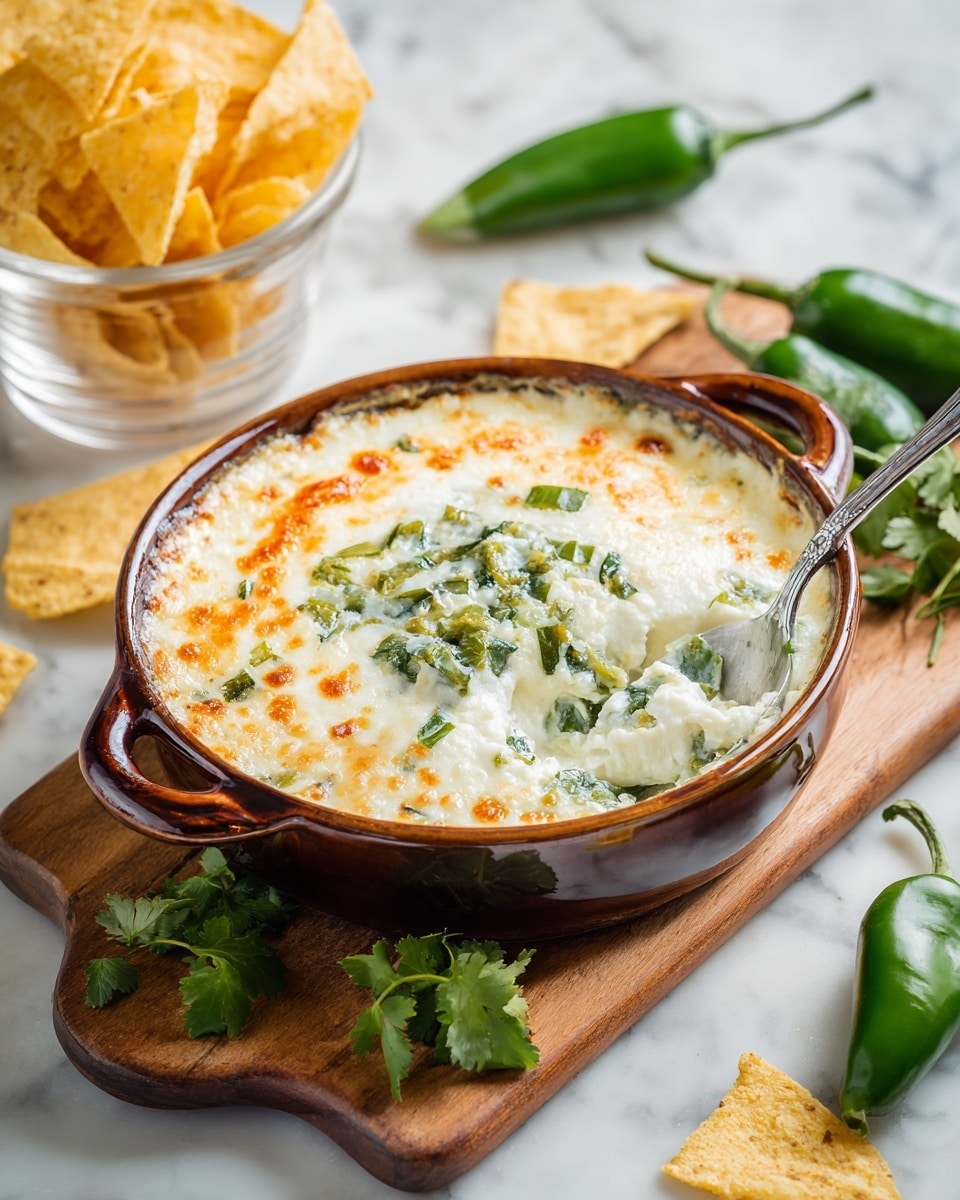 In a round brown ceramic dish with handles on each side, there is a creamy white melted cheese layer that is slightly browned and bubbly on top. In the center, there is a layer of chopped green peppers mixed with herbs giving a fresh look. Small green herb pieces are sprinkled around the top. A metal spoon is dipped into one side of the dish, showing the creamy texture inside. The dish is placed on a wooden board on a white marbled surface. Around the dish, there are whole green peppers and fresh herb leaves scattered. Next to it, there is a clear glass filled with large light yellow tortilla chips, and some chips are also placed on the surface nearby. Photo taken with an iphone --ar 4:5 --v 7