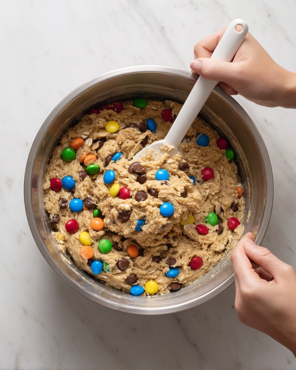 The image shows a close-up view of thick cookie dough mixed with colorful candy-coated chocolate pieces and chocolate chips inside a large stainless steel bowl. The dough has a soft, slightly sticky texture with visible oats and chocolate chunks throughout. A woman’s hand holds a white plastic spoon or spatula that is lifting and mixing the dough, revealing its dense and chunky consistency. The bright colors of the candy-coated chocolates—red, blue, green, yellow, and orange—stand out against the light brown dough. The setting is on a white marbled surface, creating a clean and simple background. Photo taken with an iphone --ar 4:5 --v 7