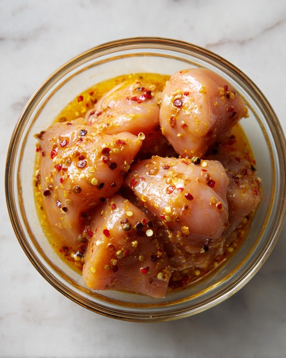 A clear glass bowl holds several raw pale pink chicken pieces covered in an orange-yellow marinade with visible red chili flakes and black pepper. The marinade has a slightly oily texture, surrounding the chicken and giving a shiny look. The bowl sits on a white marbled surface with soft lighting highlighting the glossy marinade and the specks of seasoning. Photo taken with an iphone --ar 4:5 --v 7