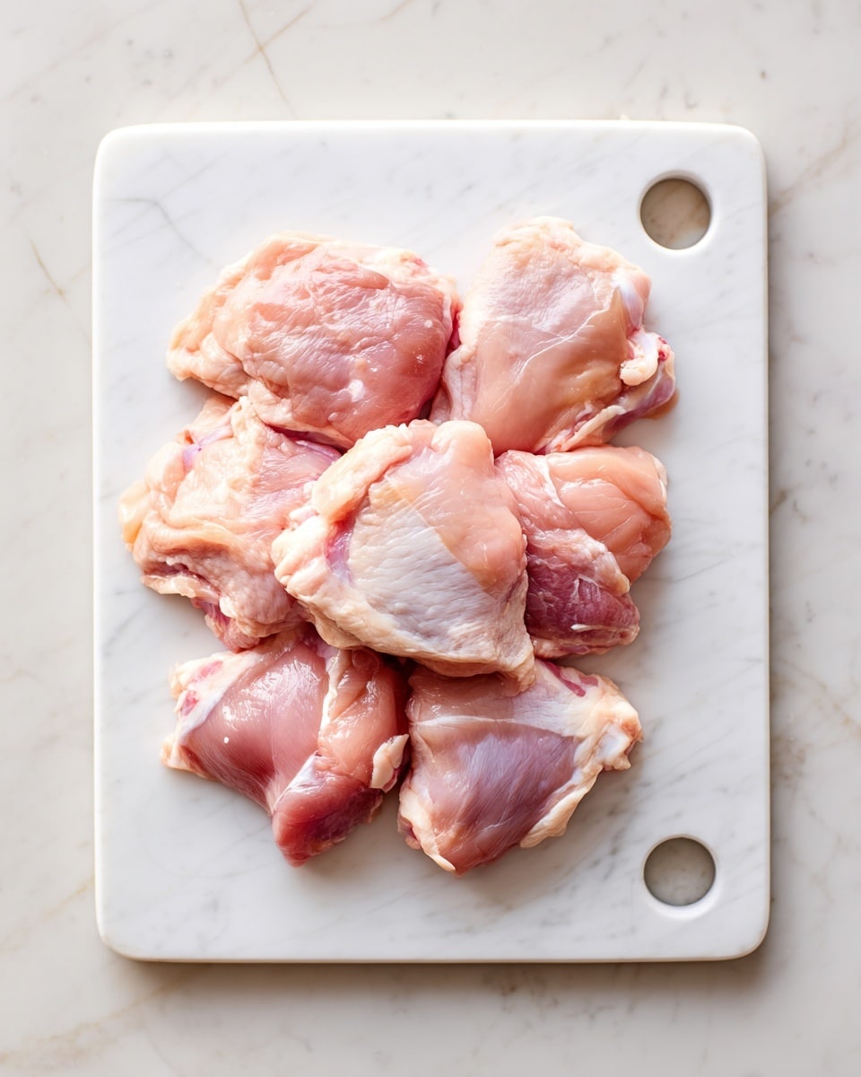 The image shows a white cutting board placed on a white marbled surface. On the cutting board, there are ten pieces of raw chicken thighs arranged closely in slightly overlapping layers. The chicken pieces are light pink with some white fat visible on the edges and have a shiny, moist texture. The board has a handle cutout on the right side. The photo taken with an iphone --ar 4:5 --v 7