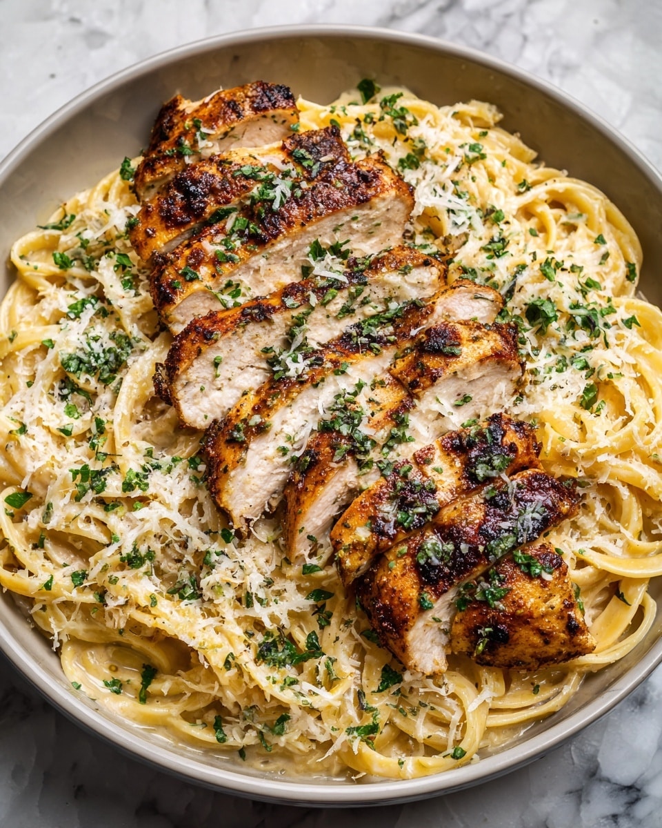 A large pan filled with creamy light tan pasta as the base layer, topped with several thick slices of golden brown grilled chicken arranged in the center and scattered around; the chicken has a slightly charred texture with visible grill marks, sprinkled with finely chopped bright green herbs and white grated cheese, all set on a white marbled surface photo taken with an iphone --ar 4:5 --v 7
