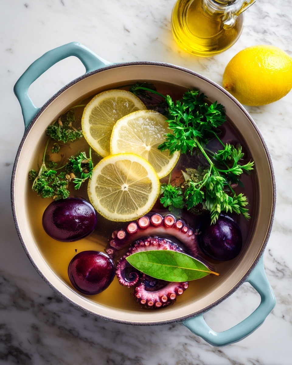The image shows a white pot with light blue handles, filled with clear broth. Inside the broth, there are purple octopus tentacles curled around each other at the bottom. On top, there are three light yellow lemon slices with a slightly translucent texture, two dark red plums with shiny surfaces, bright green fresh parsley leaves, and a single green bay leaf floating on the surface. The pot sits on a white marbled surface, with a small glass container of olive oil partially visible at the top right corner. photo taken with an iphone --ar 4:5 --v 7