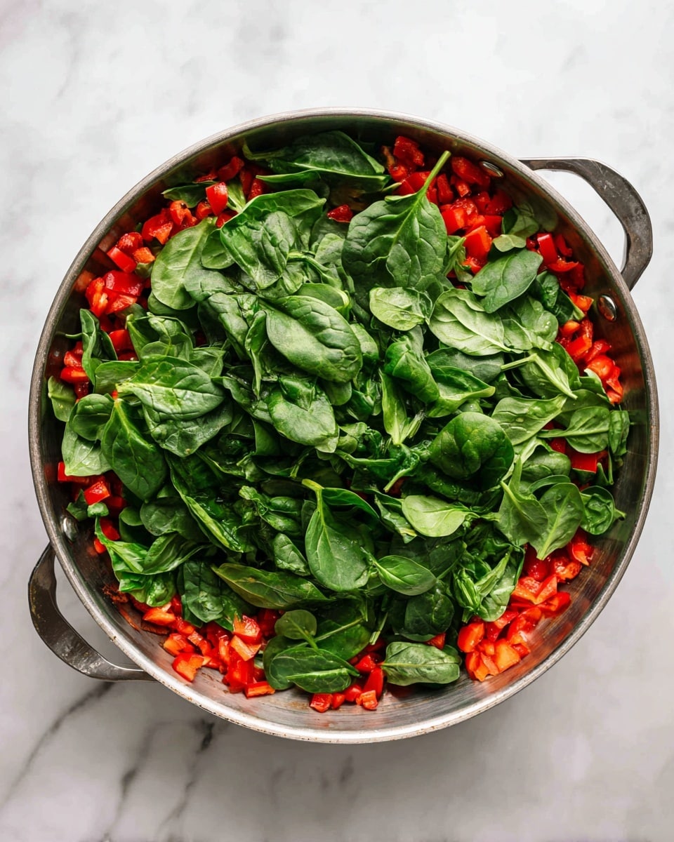 A metal pan filled with two layers of ingredients is placed on a white marbled surface. The bottom layer consists of small, bright red chopped pieces, likely red bell peppers, spread evenly across the pan. The top layer is made up of fresh dark green spinach leaves scattered loosely over the red pieces, covering much of the pan but still allowing some of the red to show through. The pan itself is round with metal handles visible on the right side. The overall look is fresh, colorful, and simple. photo taken with an iphone --ar 4:5 --v 7