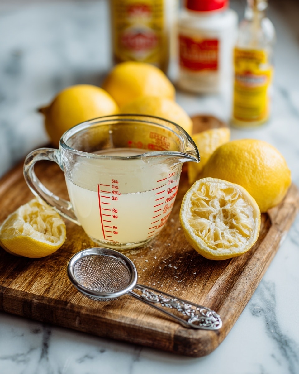 The image shows a wooden cutting board with several yellow lemons, some cut in half and squeezed out, revealing their empty, textured interiors with pale pulp. In the center, there is a clear glass measuring cup filled with pale lemon juice, marked with red measurement lines. A small silver metal fine mesh strainer rests on the cutting board near the measuring cup. The background is a white marbled surface with blurred bottles, including one with a red cap and another with a yellow and white label, adding soft warm tones to the scene. photo taken with an iphone --ar 4:5 --v 7