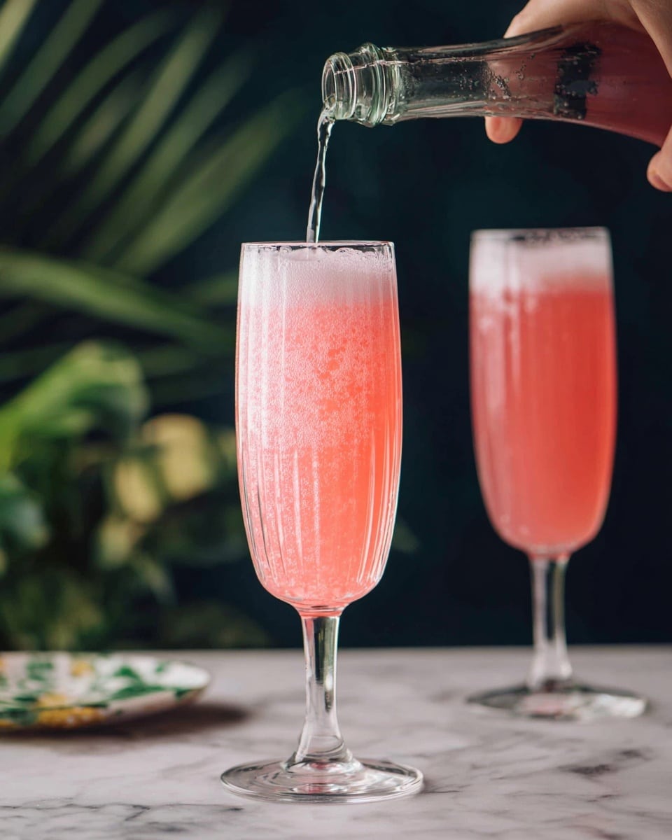 A tall clear glass with a ribbed stem is filled with bright pink fizzy liquid that has bubbles rising inside and a white foam layer on top. Clear liquid is being poured into the glass from a bottle held by a woman's hand, adding more foam. Another glass with a similar pink fizzy drink is partially visible on the right side. The glasses are on a white marbled surface with a blurred green plant in the background and a dark black backdrop behind. photo taken with an iphone --ar 4:5 --v 7