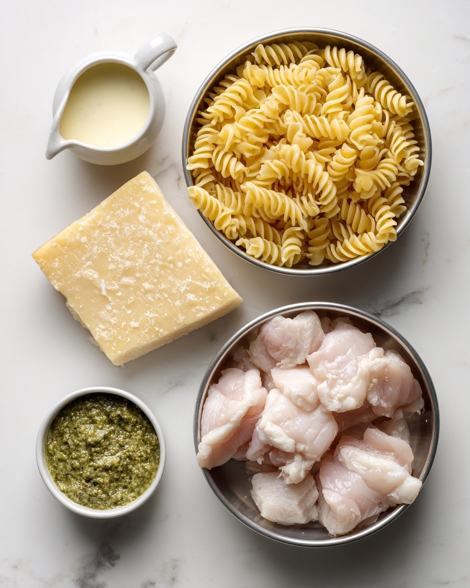 The image shows ingredients arranged on a white marbled surface. There are two metal bowls, one on the top right filled with uncooked, yellow spiral pasta, and another at the bottom right holding pieces of raw, pale pink chicken. To the left of these bowls, there is a wedge of hard yellow cheese with a textured rind laying flat. Above the cheese, there is a small white pitcher containing a light cream sauce, and next to it is a small white bowl filled with green pesto sauce. The setup has a clean and organized look, with all items spaced out neatly. Photo taken with an iphone --ar 4:5 --v 7