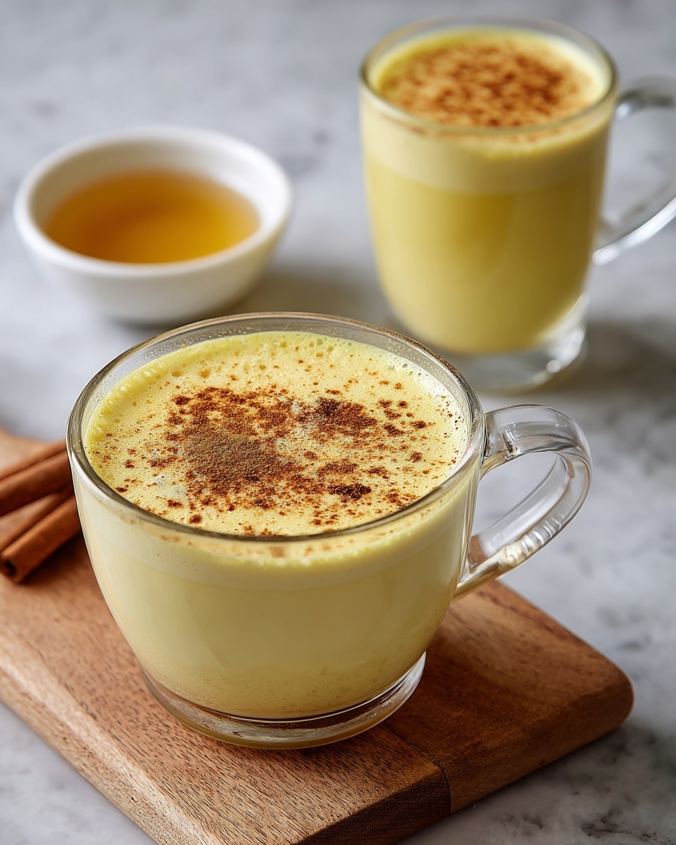 A clear glass mug filled with a creamy yellow frothy drink topped with finely ground brown spice dusted evenly across the surface; behind it, a second glass of the same yellow drink with a smooth surface visible and a small white bowl containing a light golden liquid sits on a light wood board, all set on a white marbled texture surface. photo taken with an iphone --ar 4:5 --v 7