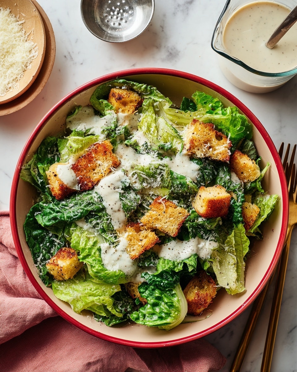 A bowl with a red rim holds a fresh green salad made of torn leafy greens in light and dark shades, topped with browned crunchy croutons scattered across. A creamy white dressing is drizzled unevenly on top, with finely grated cheese sprinkled over the salad. The bowl is placed on a white marbled surface, with a pink cloth and golden utensils nearby. In the background, there is a clear measuring cup with some dressing and a small metal cup with grated cheese. Photo taken with an iphone --ar 4:5 --v 7