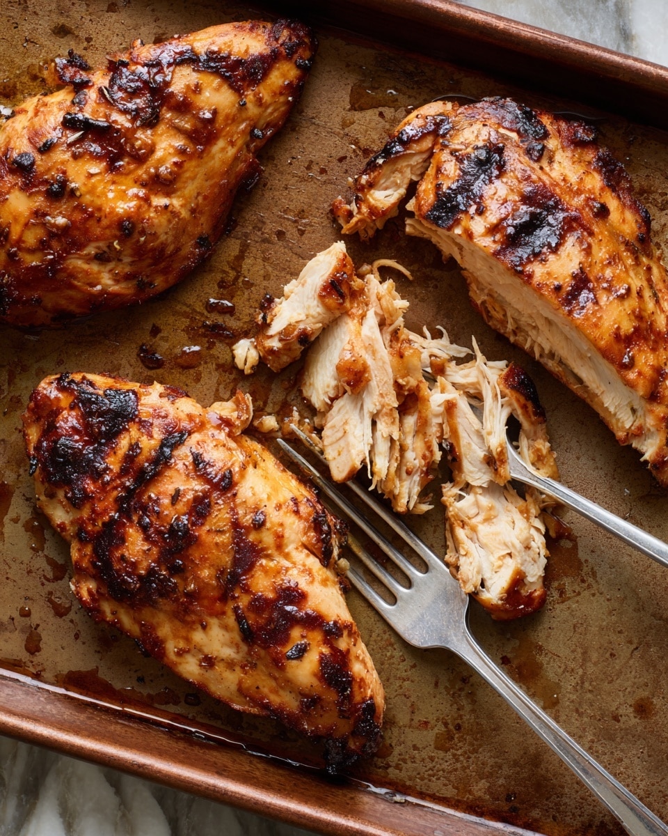 Three cooked chicken pieces with a glossy, golden brown color and light grill marks are placed on a brown baking tray. Two of the pieces are whole, thick, and slightly curved, while the third piece is partially shredded into light brown and white strips. Two silver forks are positioned near the shredded chicken, pulling apart fibers. The baking tray has some darkened spots and juices from the cooking process. The background below the tray shows a white marbled texture. Photo taken with an iphone --ar 4:5 --v 7