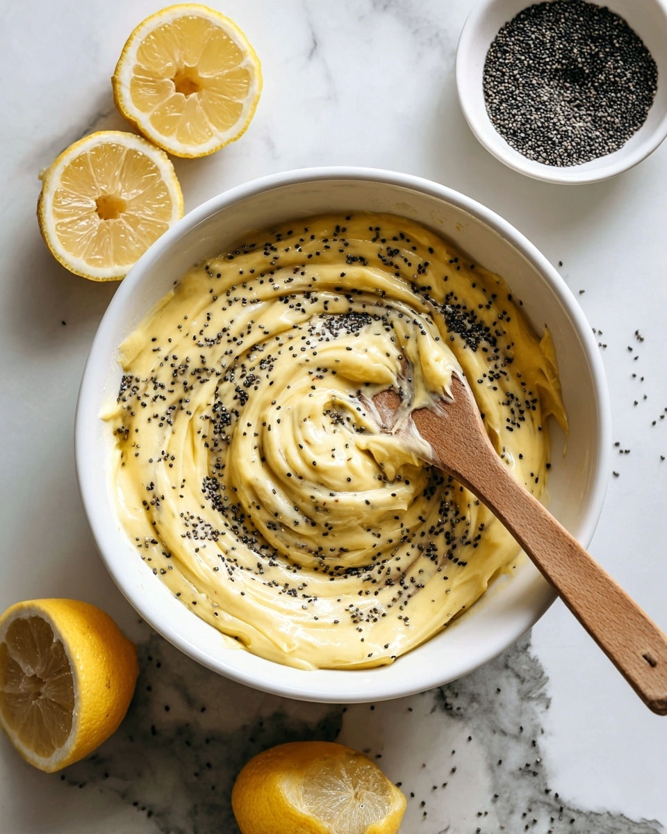 A white bowl filled with a thick pale yellow batter mixed with many small black seeds, swirled with a wooden spoon that has a light wooden handle and darker tip resting inside the bowl, surrounded by lemon halves and a small white bowl with more black seeds on a white marbled surface. Photo taken with an iphone --ar 4:5 --v 7