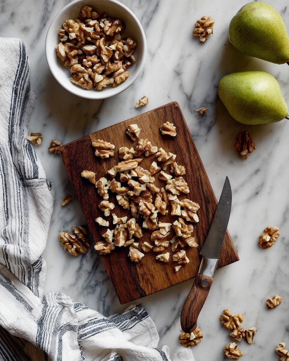 The image shows a dark wooden cutting board on a white marbled surface with a metal knife that has a wooden handle resting on it. Scattered on the board are many small pieces of light brown walnuts with rough textures. Above the board to the left is a small white bowl filled with more whole walnut halves. On the top right edge of the image, two green pears are partially visible on the white marbled surface. A striped white and black cloth is partially seen in the bottom left corner. Photo taken with an iphone --ar 4:5 --v 7