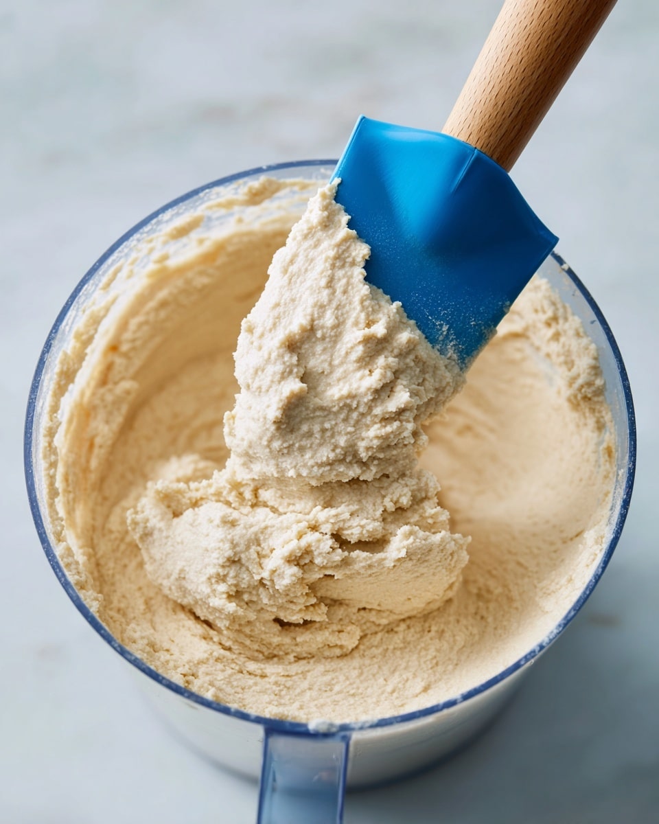 The image shows a clear food processor bowl containing a thick, light beige creamy mixture inside. A blue silicone spatula with a wooden handle is held above the bowl, with the creamy mixture clinging to its edge. The creamy texture looks smooth but dense, with small soft clumps. The background features a soft, out-of-focus white marbled surface. Photo taken with an iphone --ar 4:5 --v 7