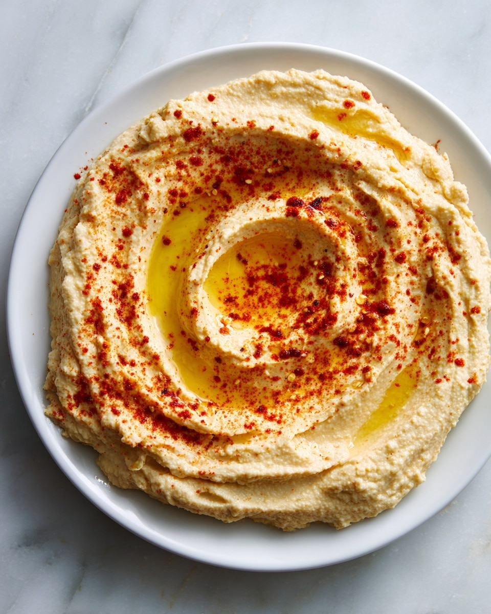 A white plate holds a smooth, creamy swirl of light beige hummus that fills most of the plate's center. The hummus has a thick texture with gentle peaks and valleys, and in the middle is a small well filled with golden olive oil. Light red-orange paprika is sprinkled evenly over the top, adding subtle color contrast. The plate sits on a white marbled surface, with soft natural light highlighting the hummus's creamy texture and the shiny olive oil. Photo taken with an iphone --ar 4:5 --v 7