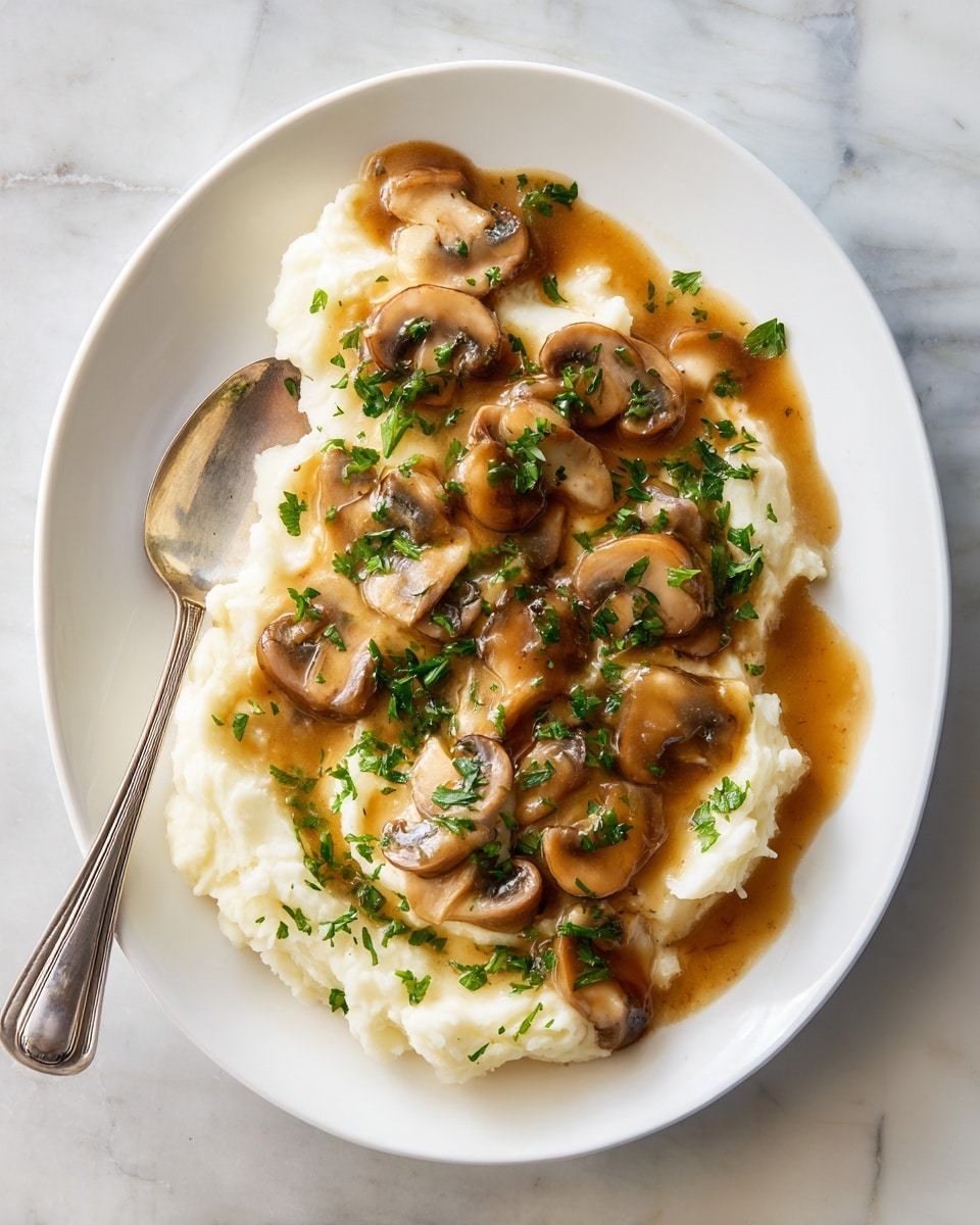 The dish shows a white oval plate with two main layers. The bottom layer is smooth, creamy mashed potatoes in white color, spread evenly across the plate. On top is a thick brown mushroom gravy with sliced mushrooms, showing soft, moist textures. Bright green chopped parsley is sprinkled over the sauce and mushrooms, adding a fresh contrast. A silver spoon is placed on the left side of the plate, partly resting on the mashed potatoes and gravy. The background is a white marbled texture. photo taken with an iphone --ar 4:5 --v 7