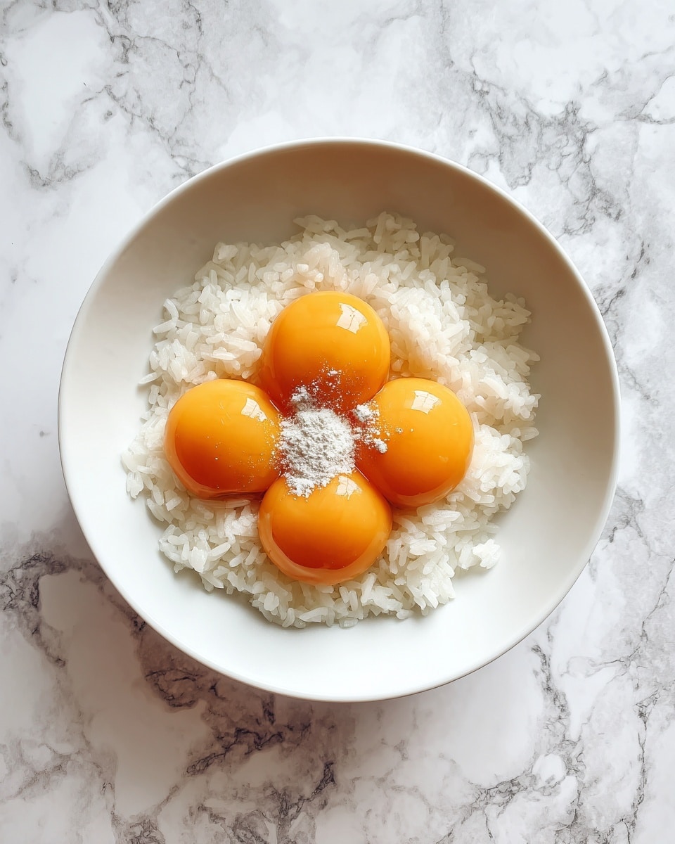 The image shows a white bowl with a layer of cooked white rice at the bottom. On top of the rice, there are four bright orange egg yolks placed close together, one slightly broken with a small pile of light gray powder on it. The bowl is set on a white marbled surface, creating a clean and simple setting. Photo taken with an iphone --ar 4:5 --v 7