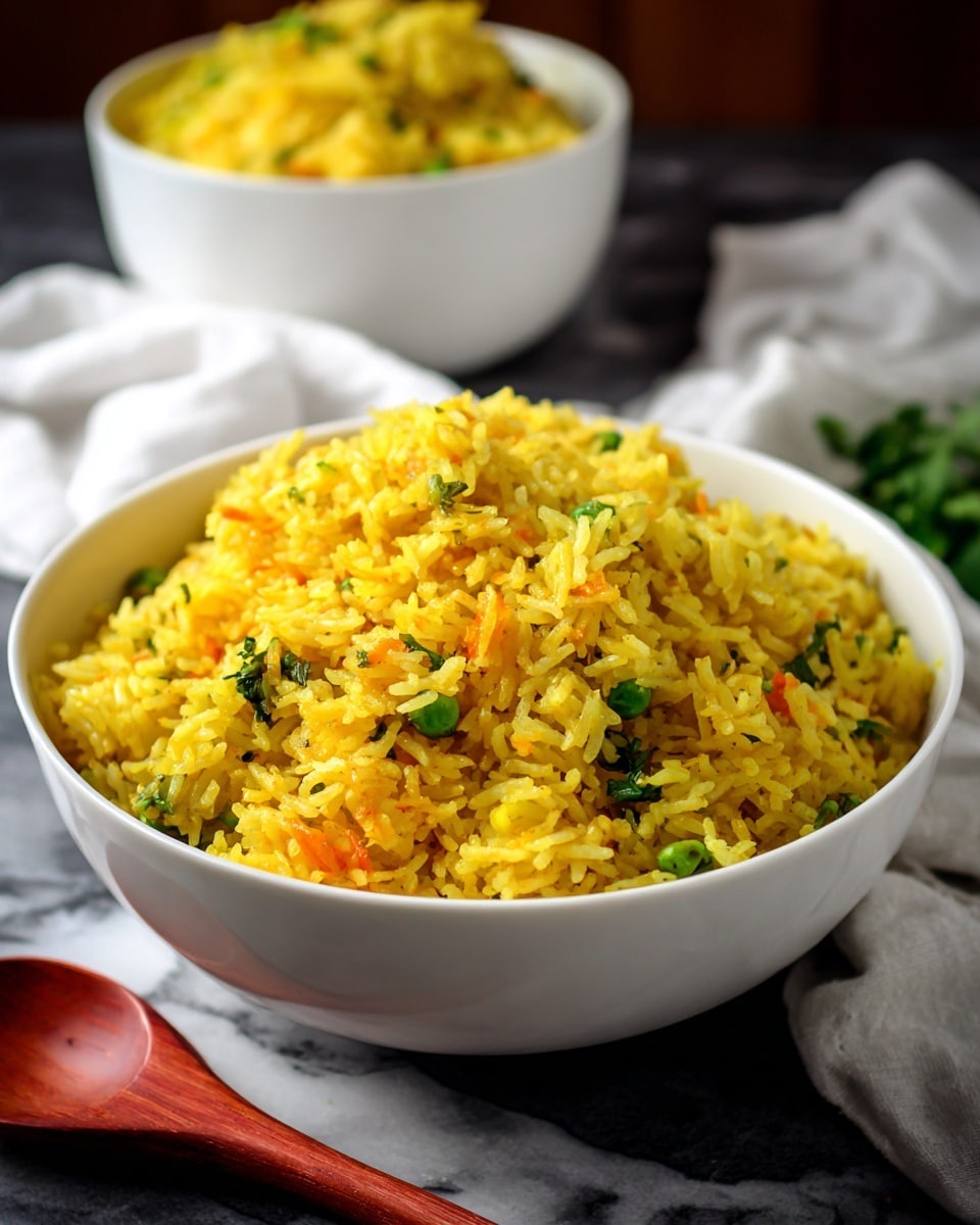 A close-up of yellow rice mixed with small pieces of green vegetables is shown in a white bowl placed on a dark surface with a white marbled texture. The rice looks soft and fluffy, and the small green pieces give it a fresh color contrast. In the background, there is another white bowl with more yellow rice, blurred slightly to keep focus on the main bowl. A red wooden spoon rests on a white cloth nearby. The image has soft natural lighting, creating a cozy and inviting feeling. photo taken with an iphone --ar 4:5 --v 7